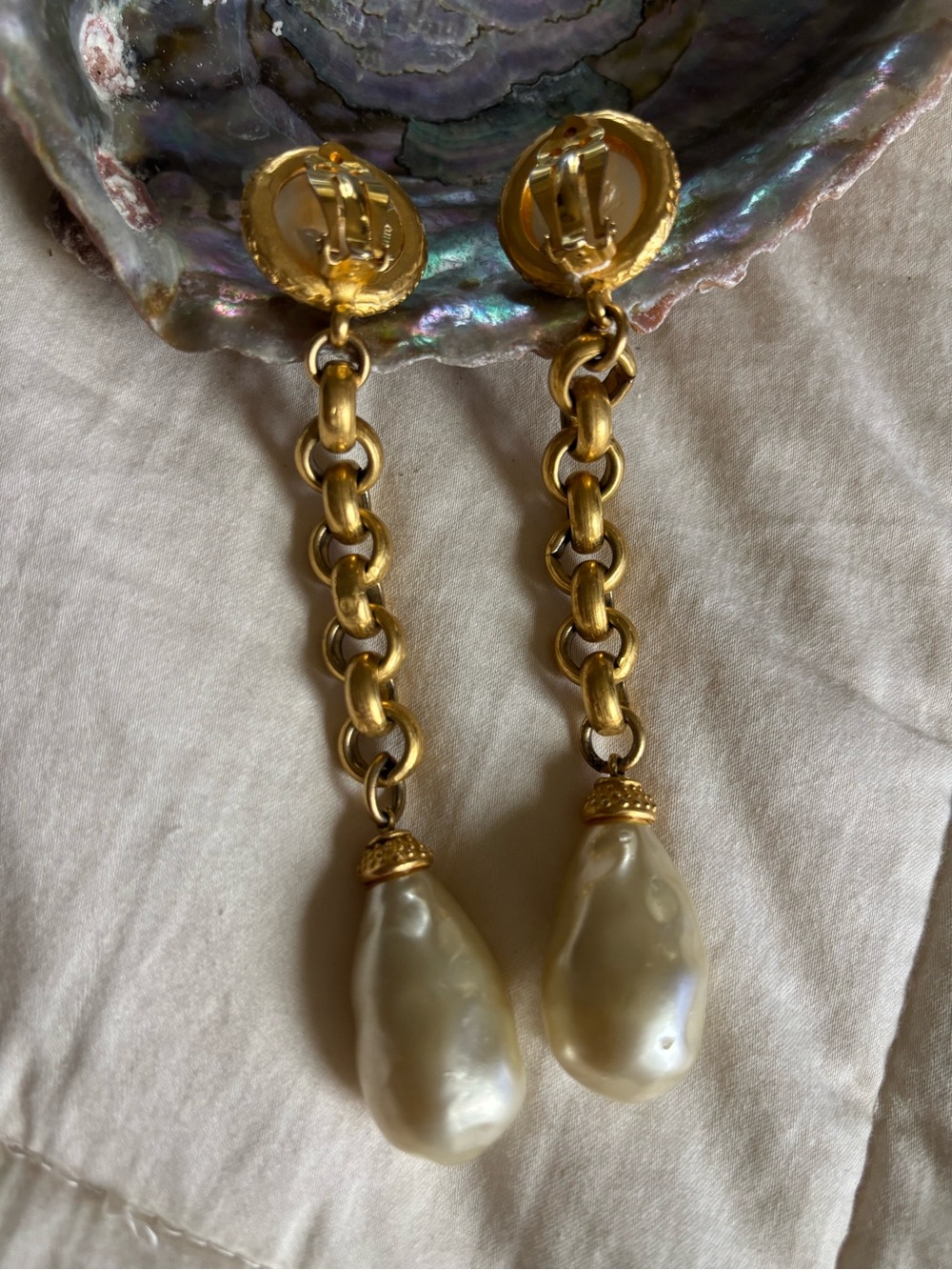 Gold-Tone Chain Drop Earrings with Cream Baroque Pearls